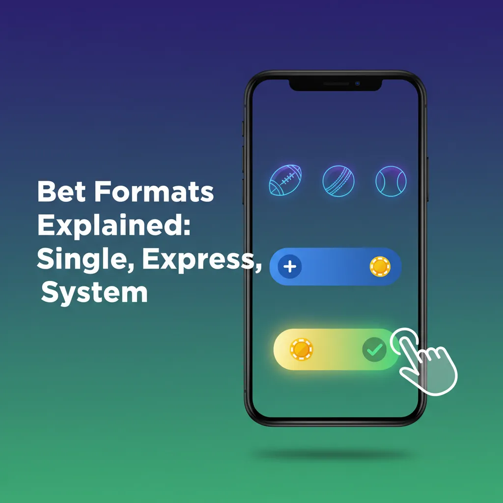 Infographic comparing bet formats: Single, Express (Parlay), System, showing risk vs return and payout rules.