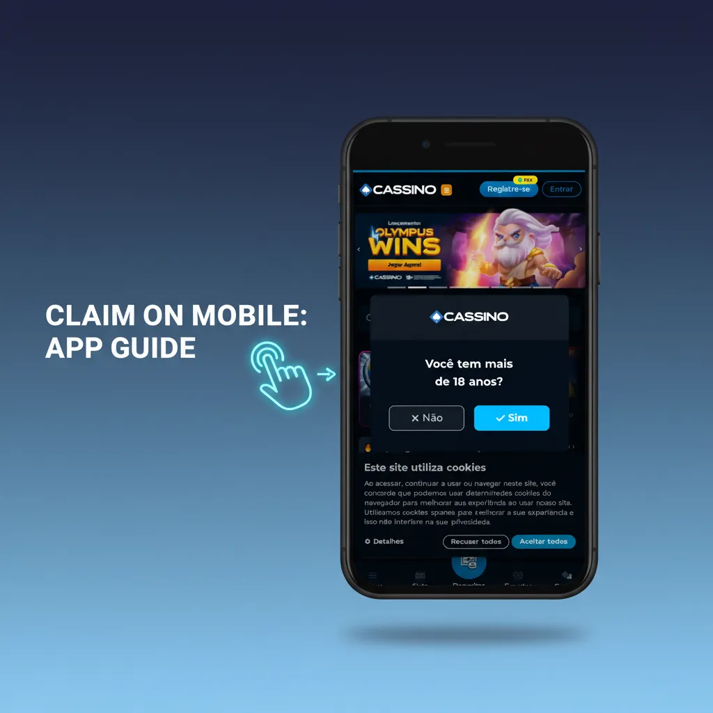 Smartphone showing app steps: install, sign up or log in, open Promotions, deposit, claim welcome bonus, track wagering.