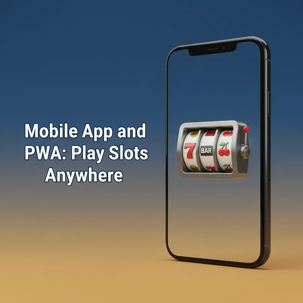Phone showing slots app and PWA icon, with clean UI, quick lobby access, filters, and a spin button for mobile play.