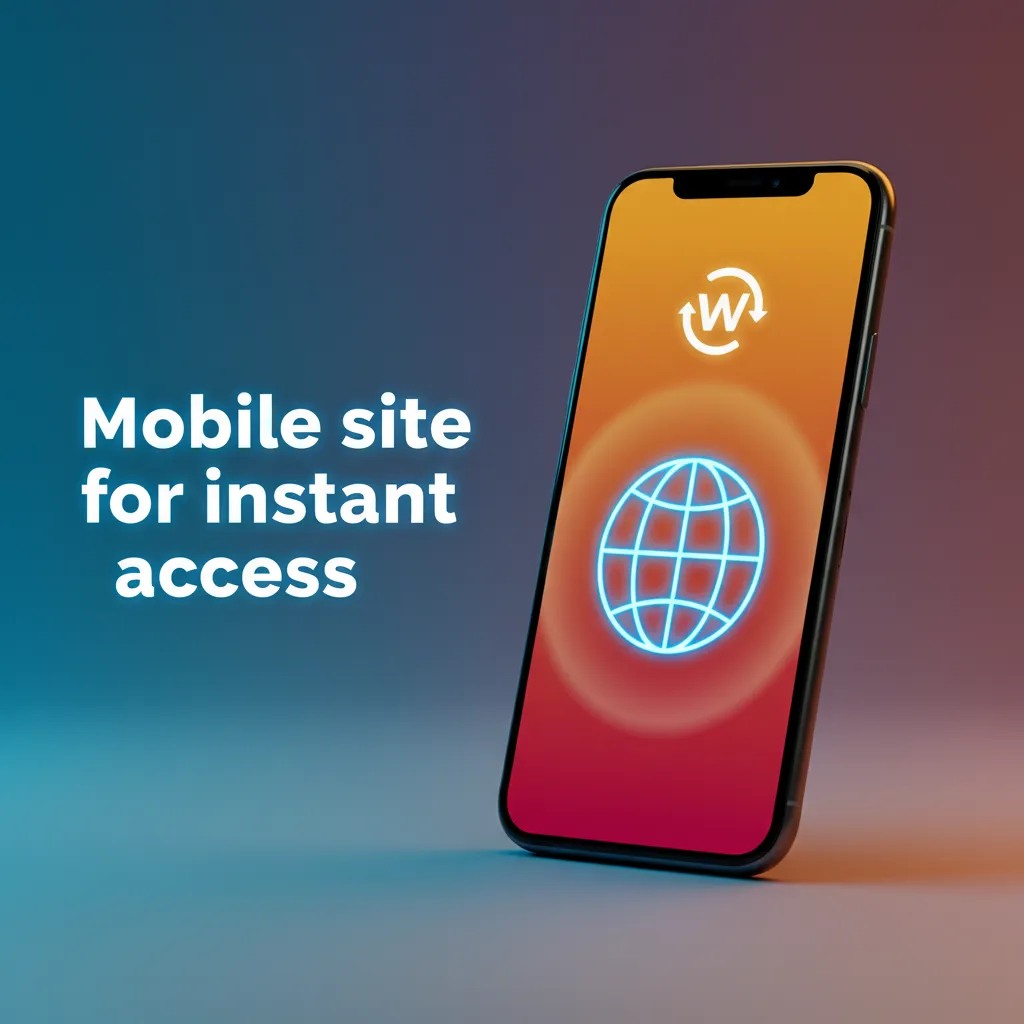 Smartphone and tablet showing a mobile site for betting, casino games, payments, and support; no download; log in and play.