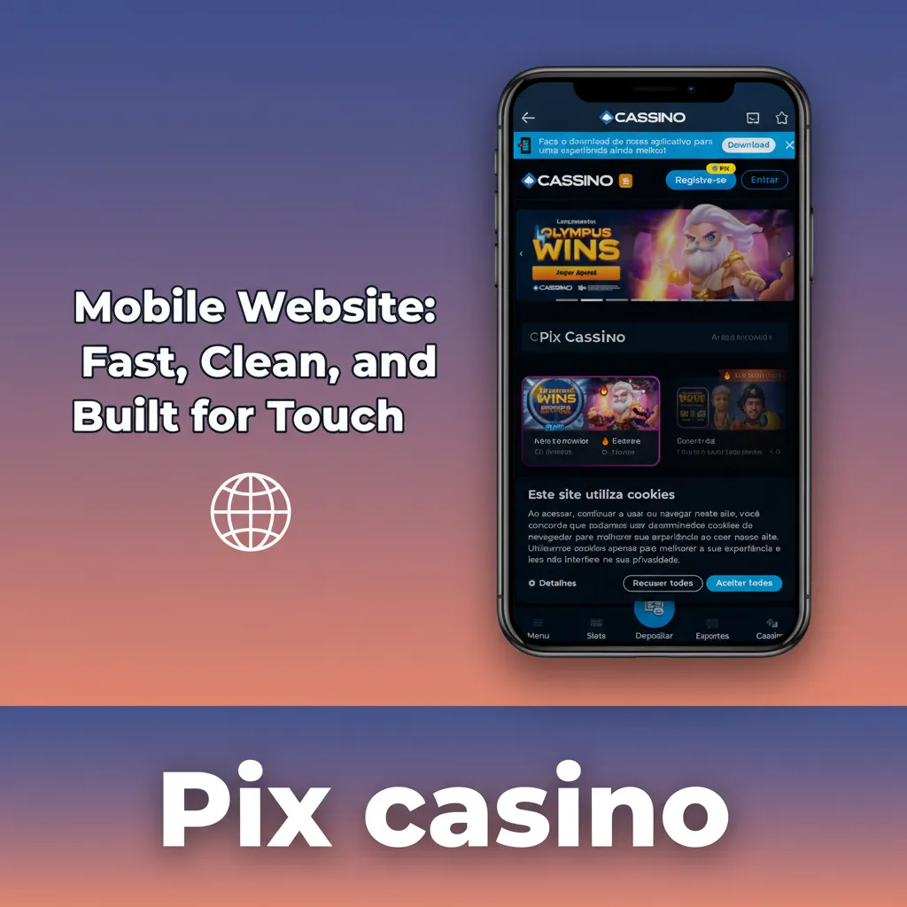 Smartphone showing Cassino Pix mobile site with readable odds, thumb-reach bet slip, Pix cashier, search, and low-data mode.