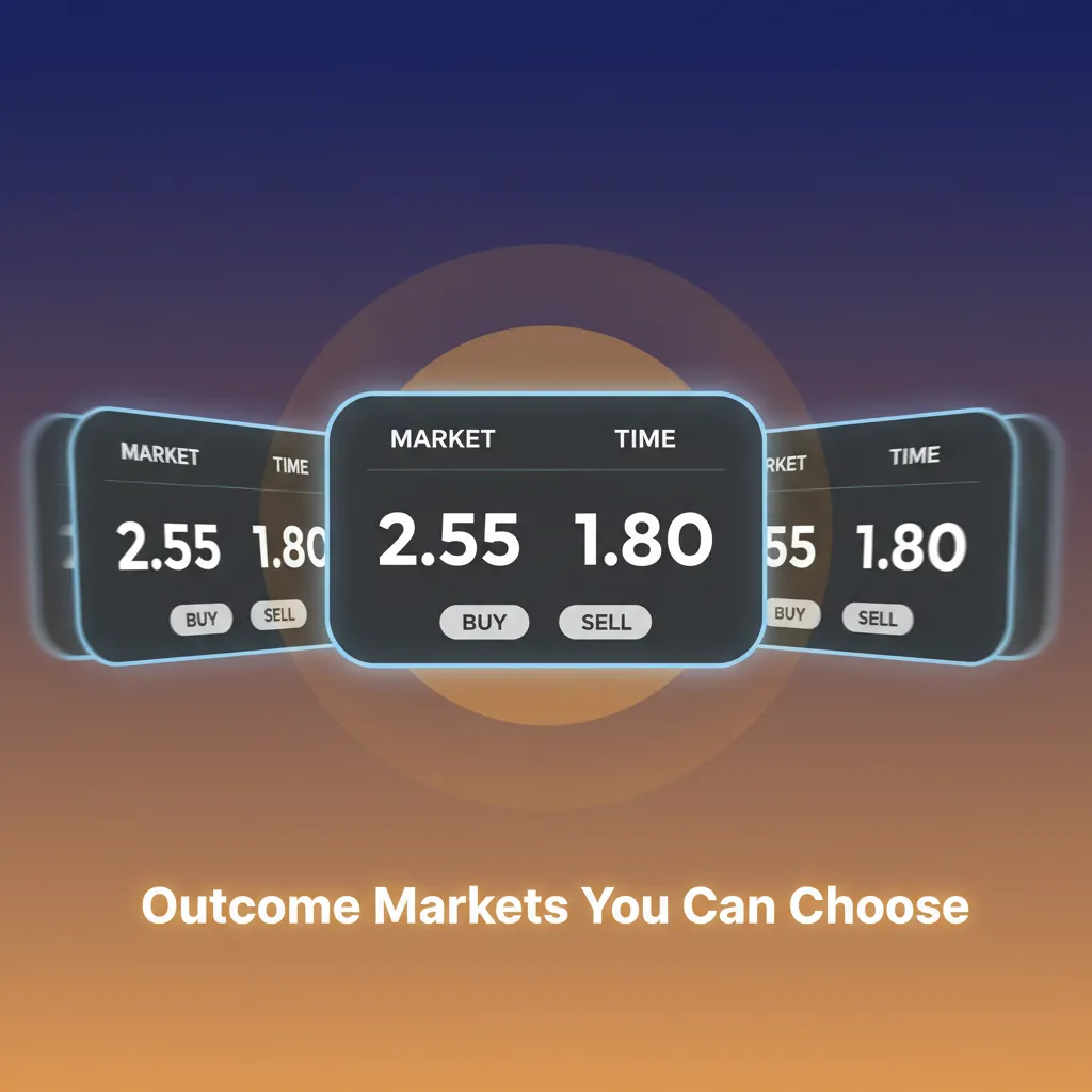 Outcome markets infographic: 1X2, Draw No Bet, Over/Under, Asian Handicap, Both teams to score, Correct Score.
