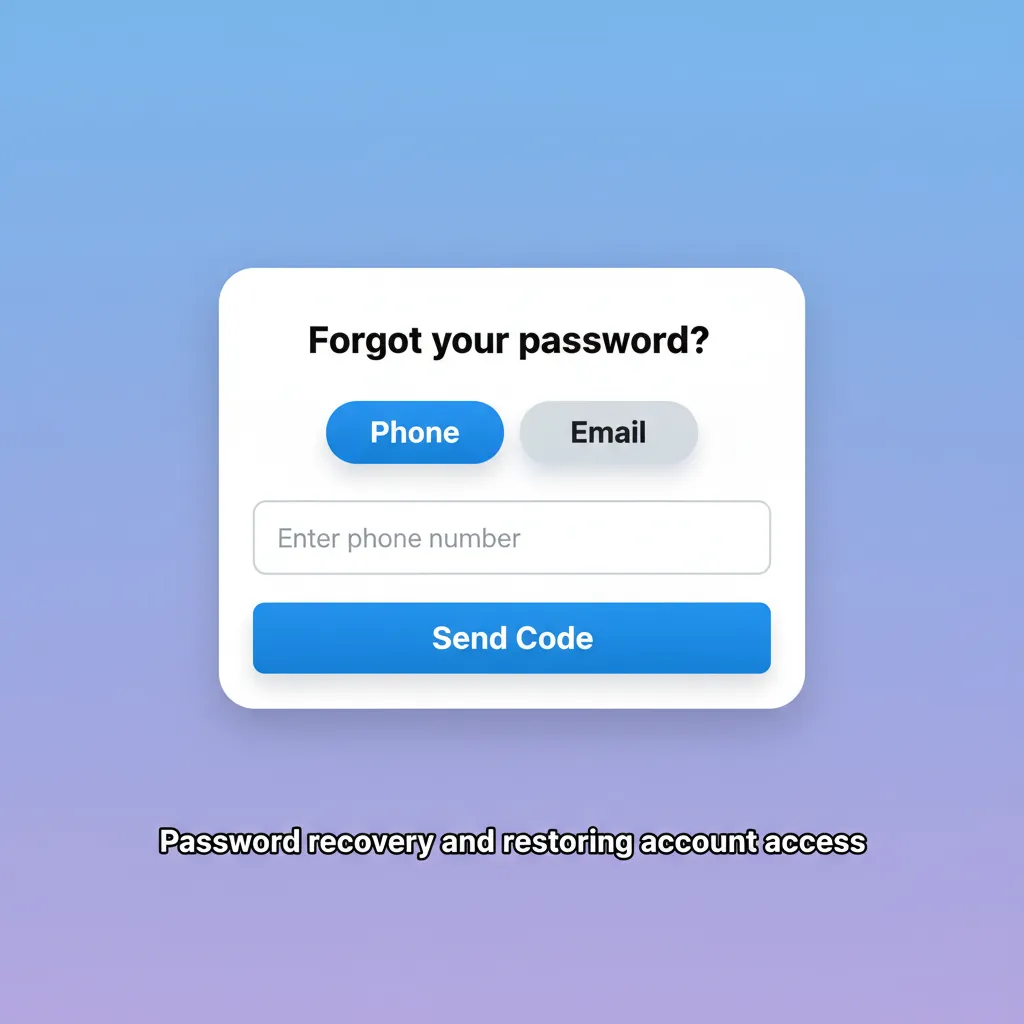 Password recovery steps: Forgot password link, email or SMS code, Google/Apple sign-in, reset strong password, enable 2FA.