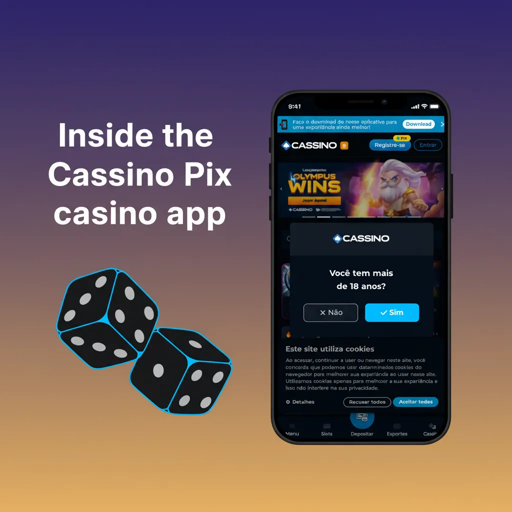 Cassino Pix casino app interface with slots, tables, live dealer rooms, top studios, and Promotions for free spins.