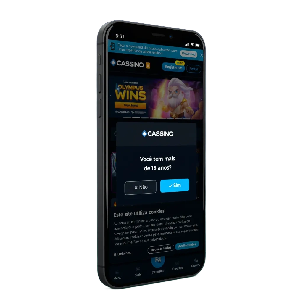 iPhone showing Cassino Pix casino and sports betting app with PIX payments, quick bets, and a Download for iOS button