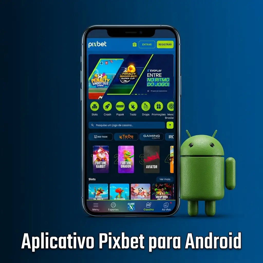Aplicativo Pixbet para Android aberto em smartphone, permitindo apostas e jogos de cassino pelo celular