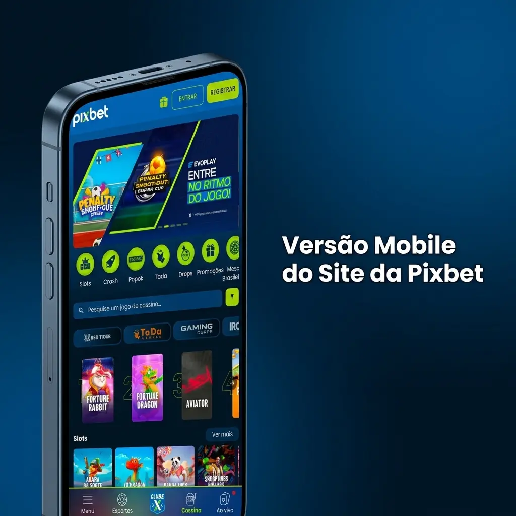 Interface mobile da Pixbet exibindo apostas esportivas e cassino, acessível via navegador em iOS e Android